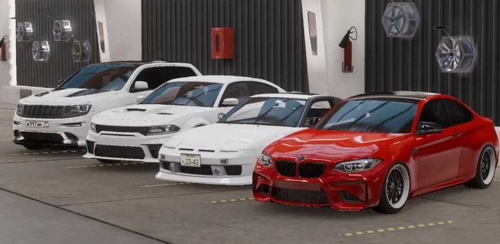 Four cars are parking in the garage of Car Parking Multiplayer 2.