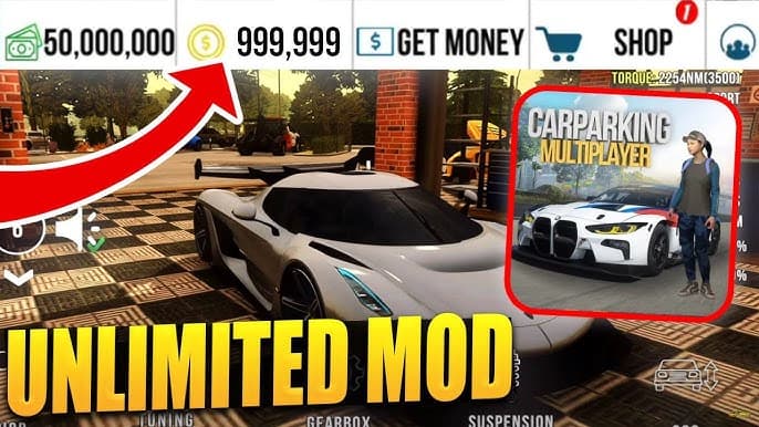 A white sports car on the main screen of Car Parking Multiplayer