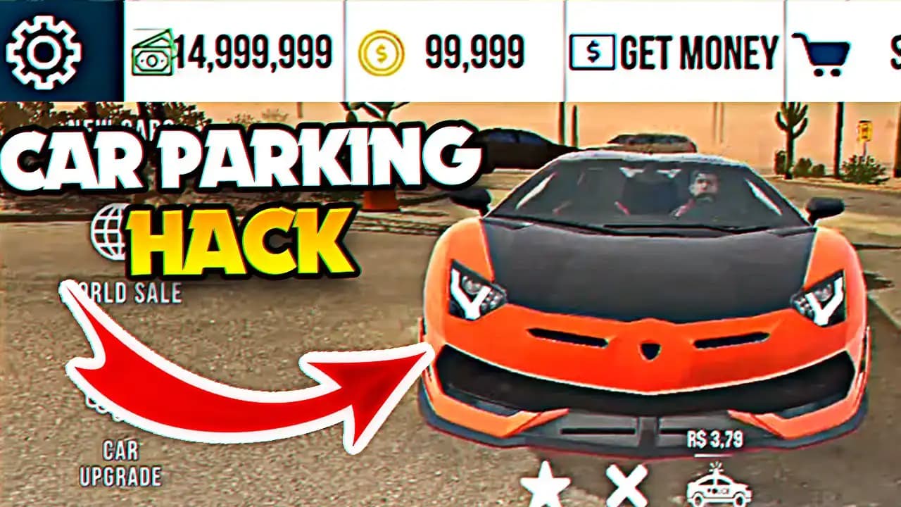 An orange sports car on the main screen of Car Parking Multiplayer