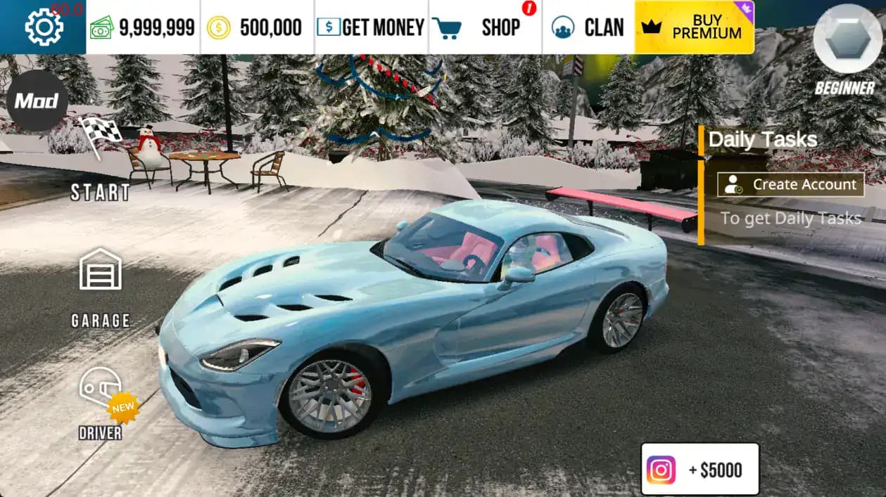 A sky-blue, sparkling sports car on the main screen of Car Parking Multiplayer
