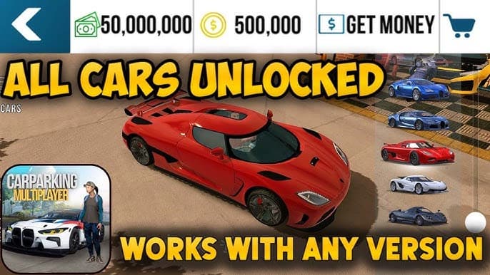 A red sports car on the main screen of Car Parking Multiplayer
