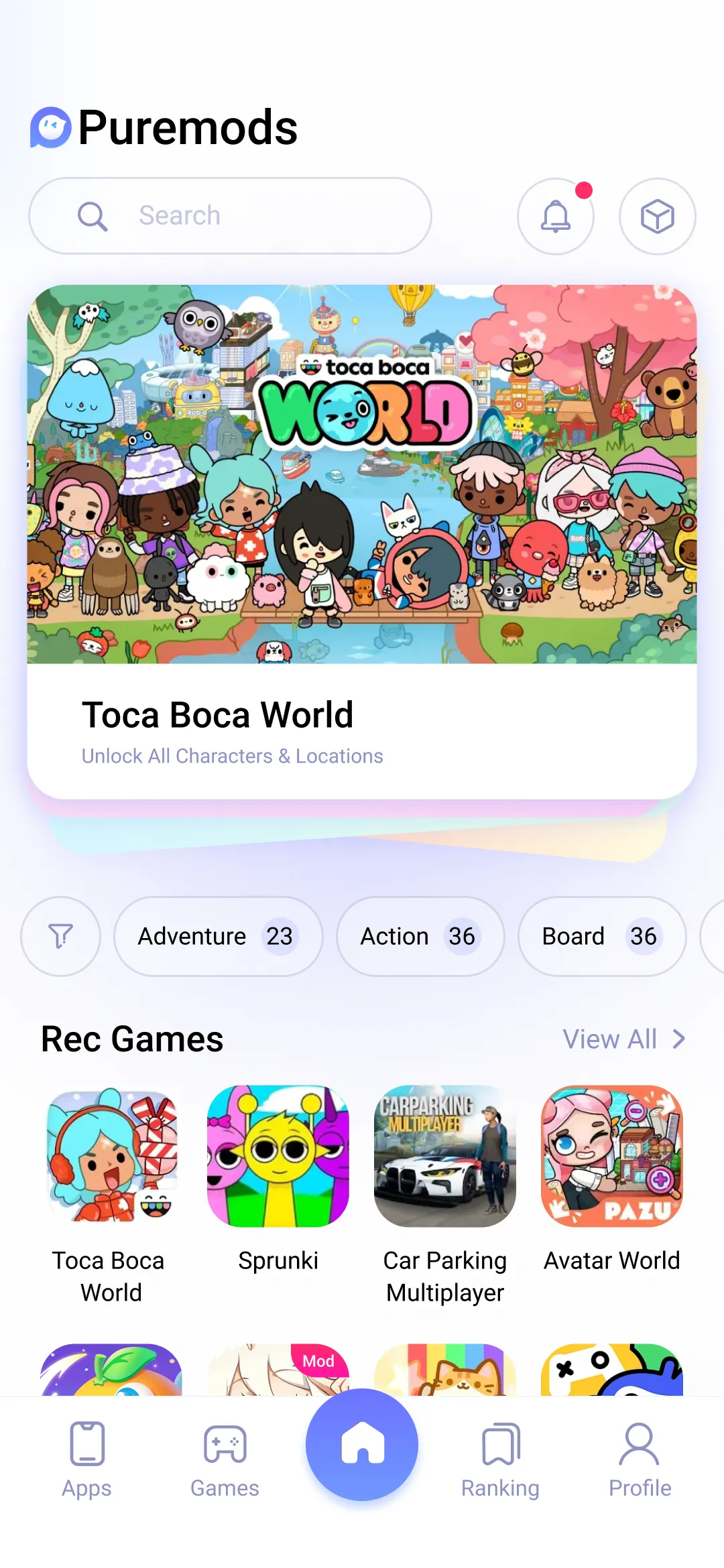 PureMods App interface showing mod games collection on Android